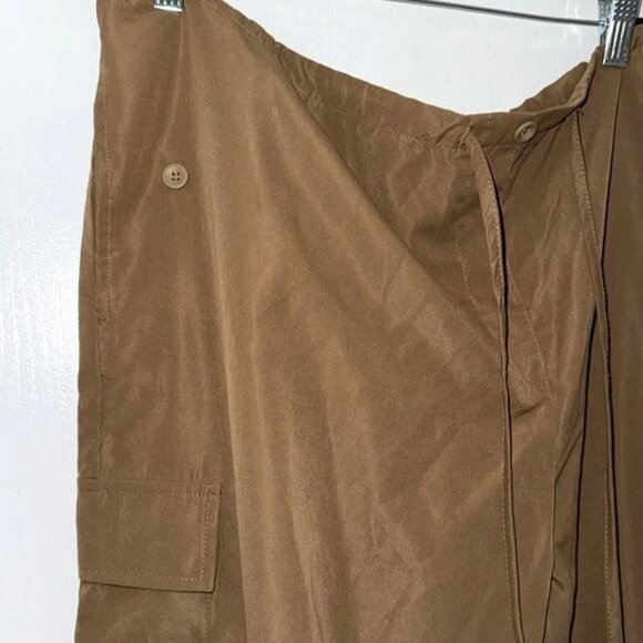 Brown Wide-Leg Drawstring Cotton Pants With Side Pockets & Button Detail  Size M - Picture 3 of 9